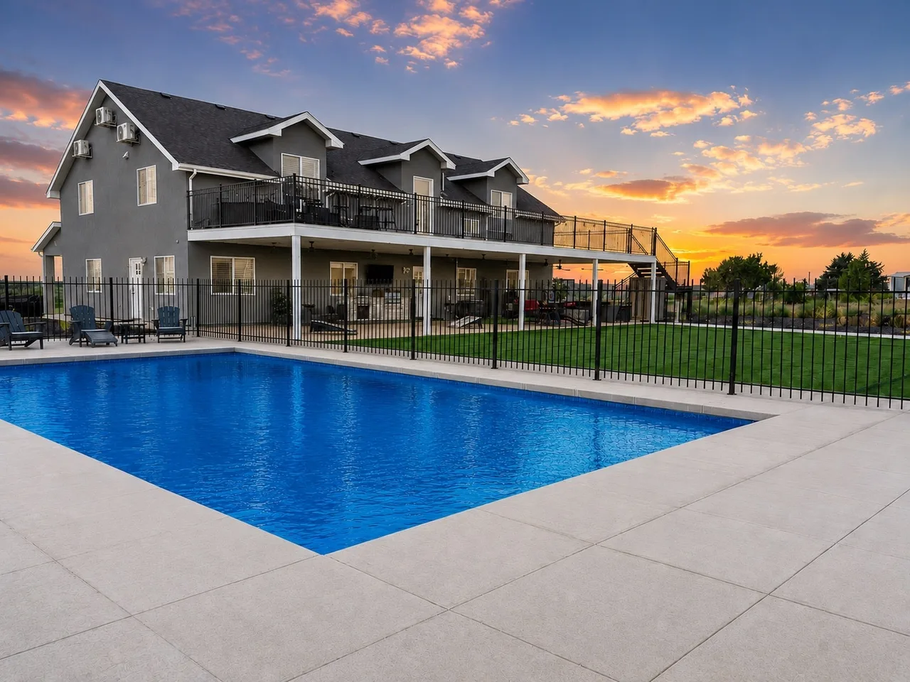 Pool at Zion Luxury Retreat at dusk, with the house and balcony behind.