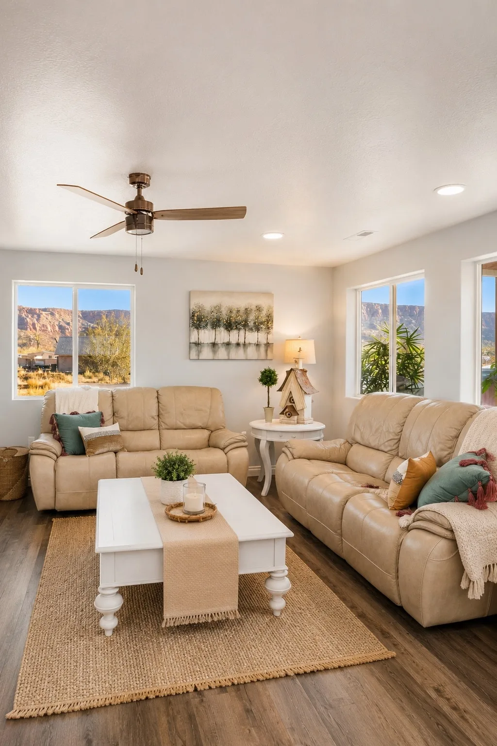 Garden Suite living room from the window side: matched cream leather love seats around a white farmhouse coffee table, jute rug, and a decorative birdhouse.